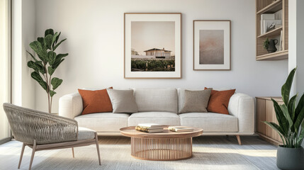 A realistic 3D image of a poster hanging on a living room wall. It shows a modern living room with a house in the background. The poster is the size of a standard A paper.