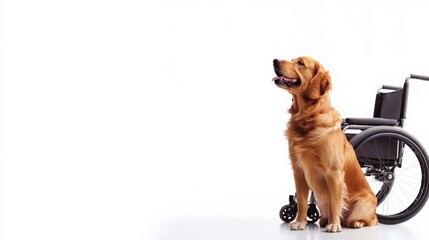 Golden retriever service dog sitting proudly beside a wheelchair, showing loyalty, support, and companionship, isolated on white background.