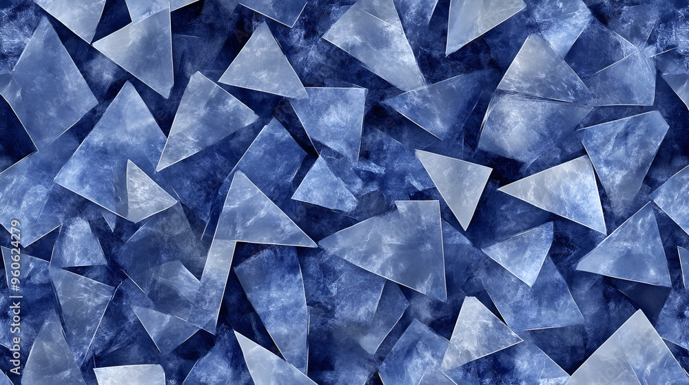 Poster a detailed view of varying blue and clear triangular glass pieces scattered across a textured surfac