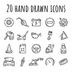 Set of simple black and white icons for driving school, auto services, auto shop, car accessories. Vector elements for design, website, application