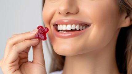 woman eating gummy bear vitamin for skin and hair beauty
