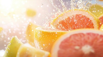 Fresh citrus fruits splashing with water, evoking a refreshing and vibrant summer feeling.