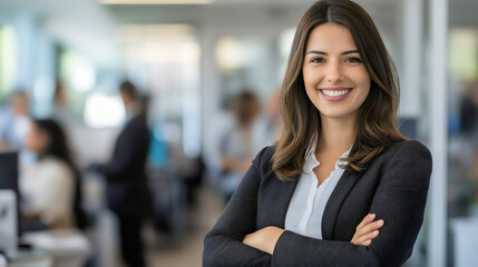 Confident Businesswoman Standing, posing in Office: A Smiling, Happy Young Female Manager Posing with Crossed Arms, Wearing a Suit, Company employee, modern workplace environment Career leadership