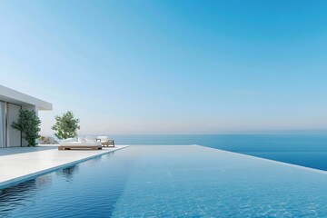 Fototapeta premium A luxurious villa with a contemporary infinity pool and a white camping bed 