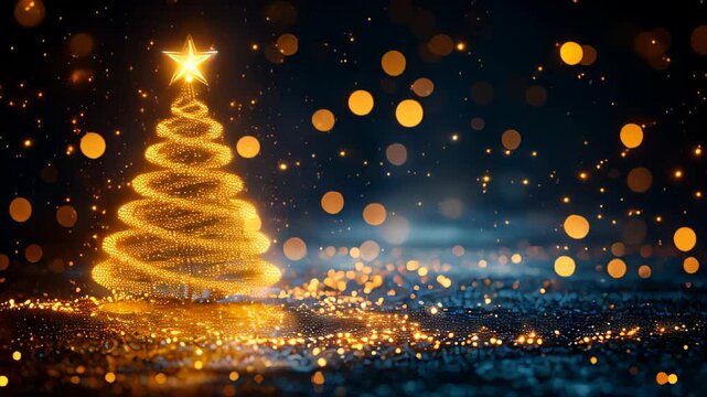 Animation Christmas tree with  shining star, composed of  glowing spirals light on dark, blurred background with gold and orange bokeh lights. Christmas winter holiday greeting card.