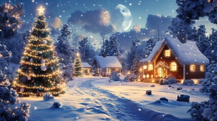 Christmas tree and snow-covered cabins under the moonlight in a winter wonderland