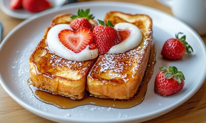 Crispy French toast with golden syrup, topped with strawberries, latte with heart foam art, sunlit cafe table, soft focus, pastel color tones, cinematic photography style, f/1.8 aperture, Canon EF