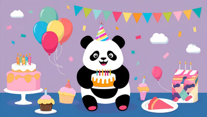 Naklejka premium cute cartoon panda with cake, birthday flat design illustration