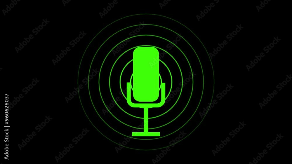 Poster flat microphone animation for recording podcasts with green radio waves. green color radio wave and 