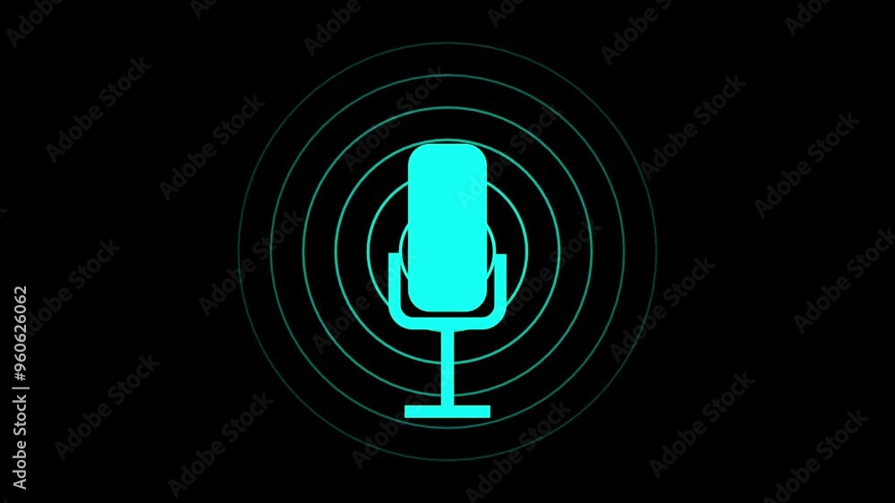 Poster flat microphone animation for recording podcasts with cyan radio waves. cyan color radio wave and vo