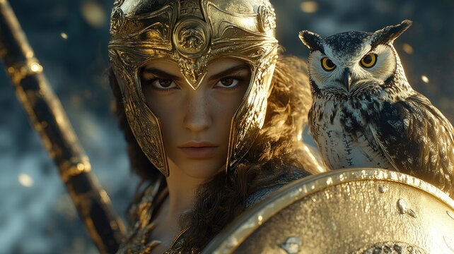 Ethereal Athena in armor, holding a shield and spear, with an owl, symbolizing wisdom and warfare.