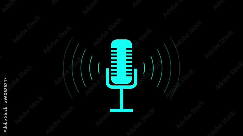 Aufkleber microphone animation for recording podcasts with cyan radio waves. cyan radio wave and voice recordi