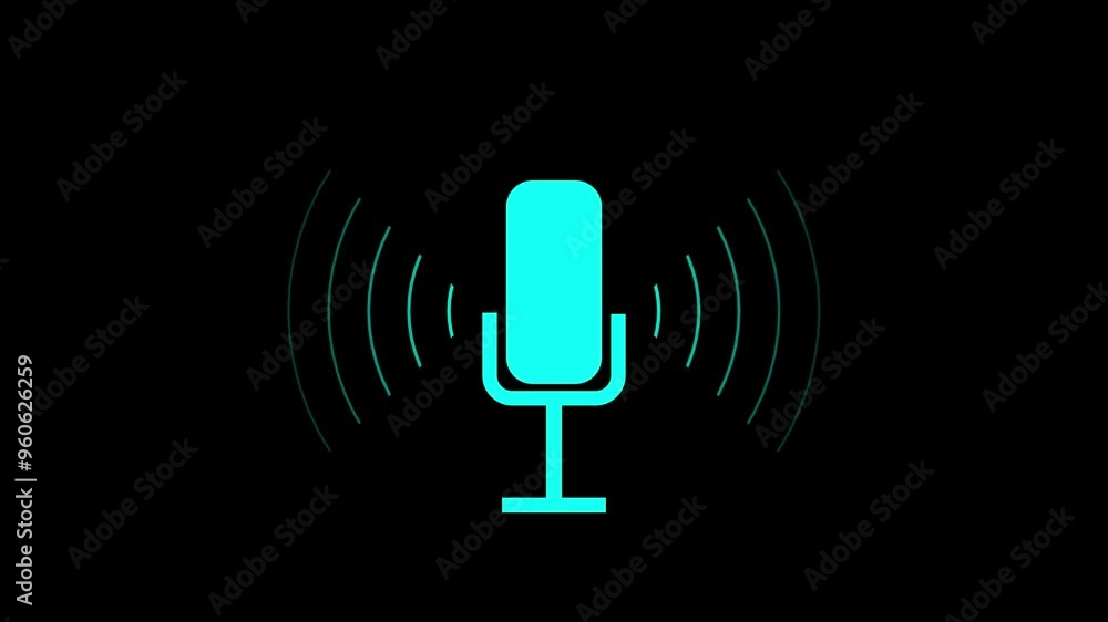 Poster cyan color microphone animation with sound wave on black background. voice recording microphone icon
