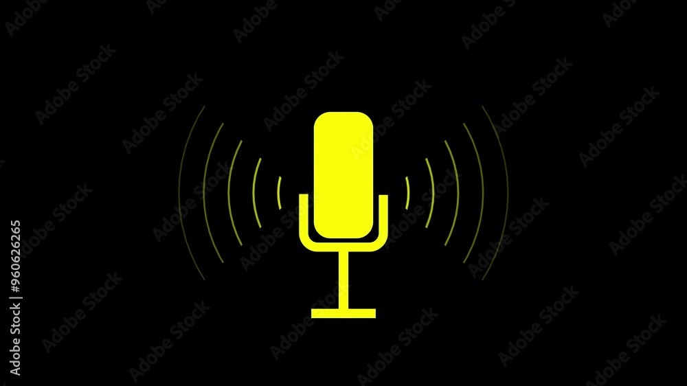 Poster yellow color microphone animation with sound wave on black background. voice recording microphone ic