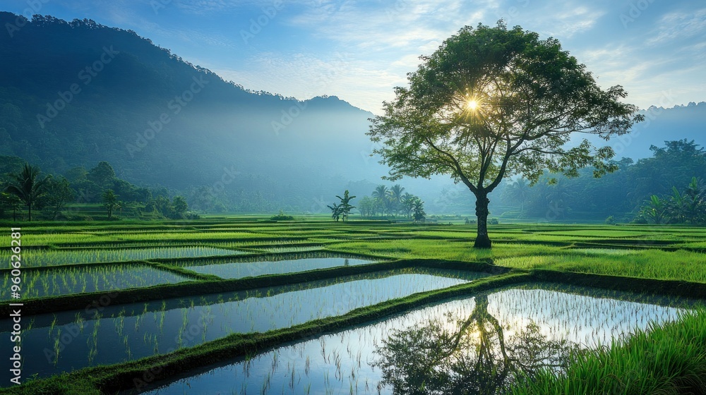 Canvas Prints Tranquil Rice Paddies with a Majestic Tree