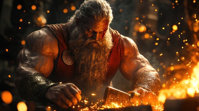 Detailed Hephaestus at his forge, crafting weapons, symbolizing craftsmanship and fire.