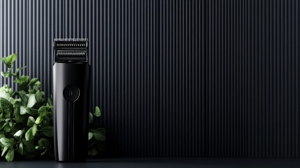 Modern electric shaver standing against a stylish dark backdrop with green leaves. Perfect for grooming and personal care themes.
