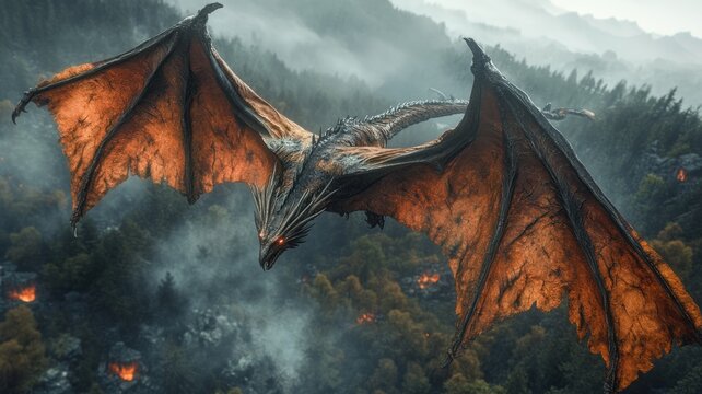 Detailed wyvern with bat wings, soaring over a battlefield, symbolizing power and destruction.