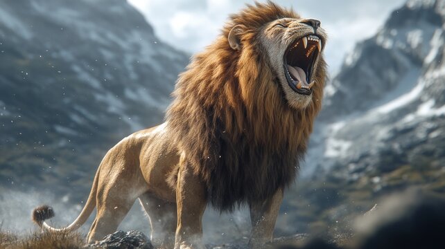 Artistic Nemean lion with impenetrable fur, roaring in a mountainous landscape, symbolizing invincibility.