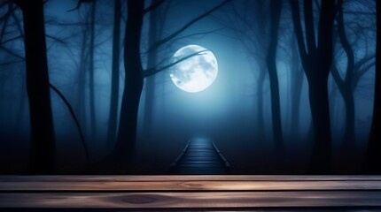 Obraz premium mystic halloween background moonlit wooden planks misty trees party invitation concept