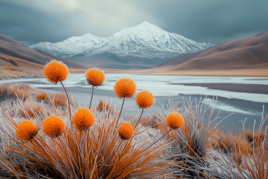 winter scene in the Andes, South America. warm orange mutisia flowers stand out against the snowy peaks in the background