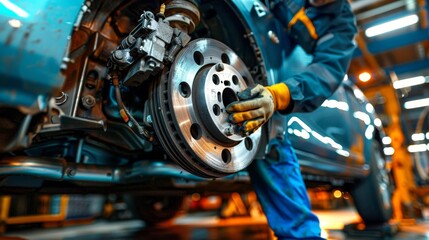 Automotive technician performing routine brake replacement on a vehicle for maintenance purposes