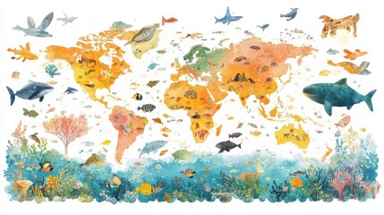 Clipart of endangered species with a global map showing their regions on a white background