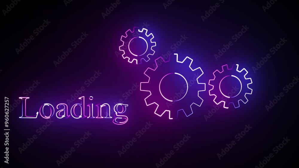 Poster neon spinning gears animation on transparent background. spinning cogwheel video. loading bar icon w