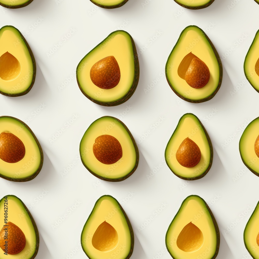 Poster seamless vector pattern of avocados on a white background for creative design projects