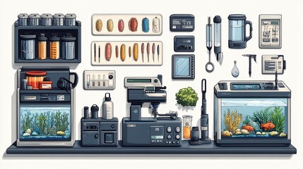 Clipart of fish research tools and aquariums on a white background