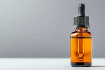 Amber Glass Dropper Bottle on Gray Background for Cosmetic or Medical Use, copy space