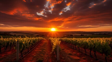 Fototapeta premium A picturesque vineyard field at sunset, with the sun casting a warm.