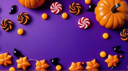 top view halloween decorations pumpkins candy violet background banner