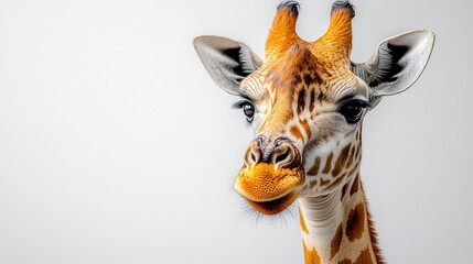 Close-up of a giraffes head showcasing its unique spots on a white background