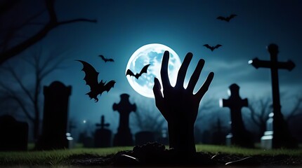 zombie hand rising graveyard full moon halloween