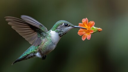 Fototapeta premium Close-up of a hummingbird feeding from a flower on a white background