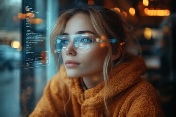 Woman in AR glasses experiences seamless integration of virtual data in a cafe