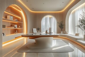 A minimalist, futuristic office with an interactive desk and neutral lighting.