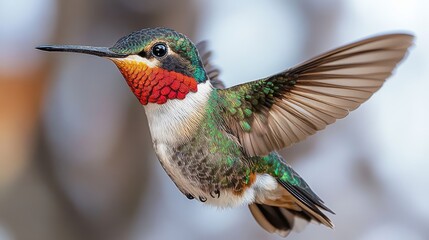 Fototapeta premium Close-up of a ruby-throated hummingbird in mid-flight with vibrant red throat feathers on a white background
