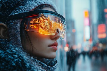 Woman in AR glasses navigating a futuristic city with holographic overlays.