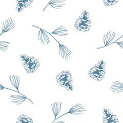 Obraz premium Seamless pattern with pinecones and pine branches on a white background. Hand drawn botanical illustration in graphic style