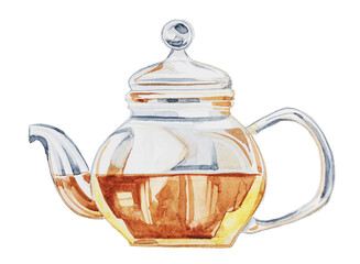 Transparent glass teapot  with tea design. Watercolor kettle illustration. Retro kitchenware clipart.