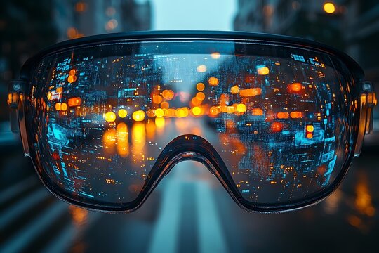 AR glasses display real-time traffic data in a bustling city environment.