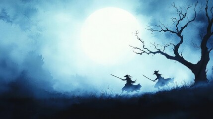 Obraz premium Silhouettes of warriors in a mystical landscape under a full moon, surrounded by fog and haunting trees, creating an eerie atmosphere.