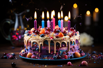 generated illustration of beautiful birthday cake with burning candles on stand against festive lights