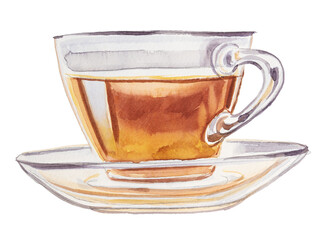 Vintage glass cup of tea illustration. Retro mug design. Hot drink clipart isolated on a white background. Calming herbal tea clipart. Drink for better health.