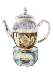 Transparent glass teapot  with tea design. Watercolor kettle illustration. Retro kitchenware clipart.