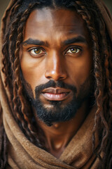 Jesus Christ Depicted as a Handsome African American with Dark Skin, Green Eyes, and Dreadlocks. A Loving Son of God, Embracing Diversity in a Medieval Biblical Salvation Concept