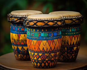 Brazilian samba drums with vibrant colors and patterns