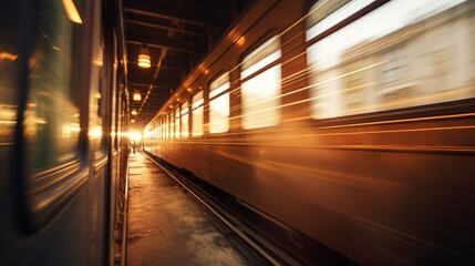 Modern high speed red passenger commuter train in motion at the railway platform at sunset. Neural network ai generated art